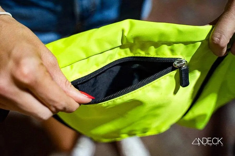 FezPak customizable neon green flat fanny pack with zipper pocket and detachable bottle holder made of water-resistant nylon