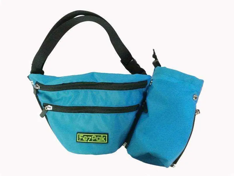 Blue FezPak customizable flat design fanny pack with detachable bottle holder and multiple zip pockets