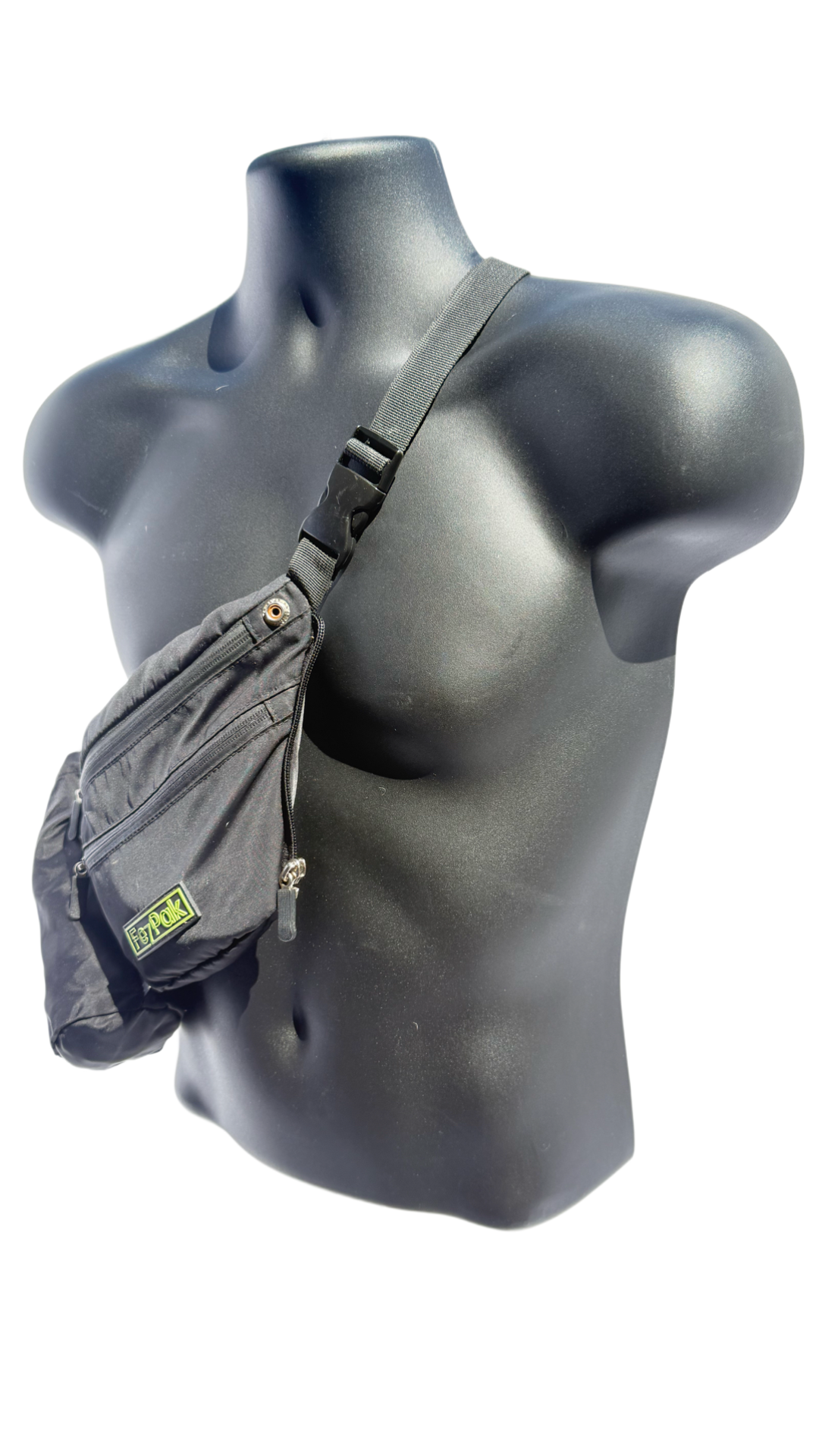 Black FezPak customizable flat design fanny pack worn crossbody on mannequin with multiple pockets and adjustable strap.