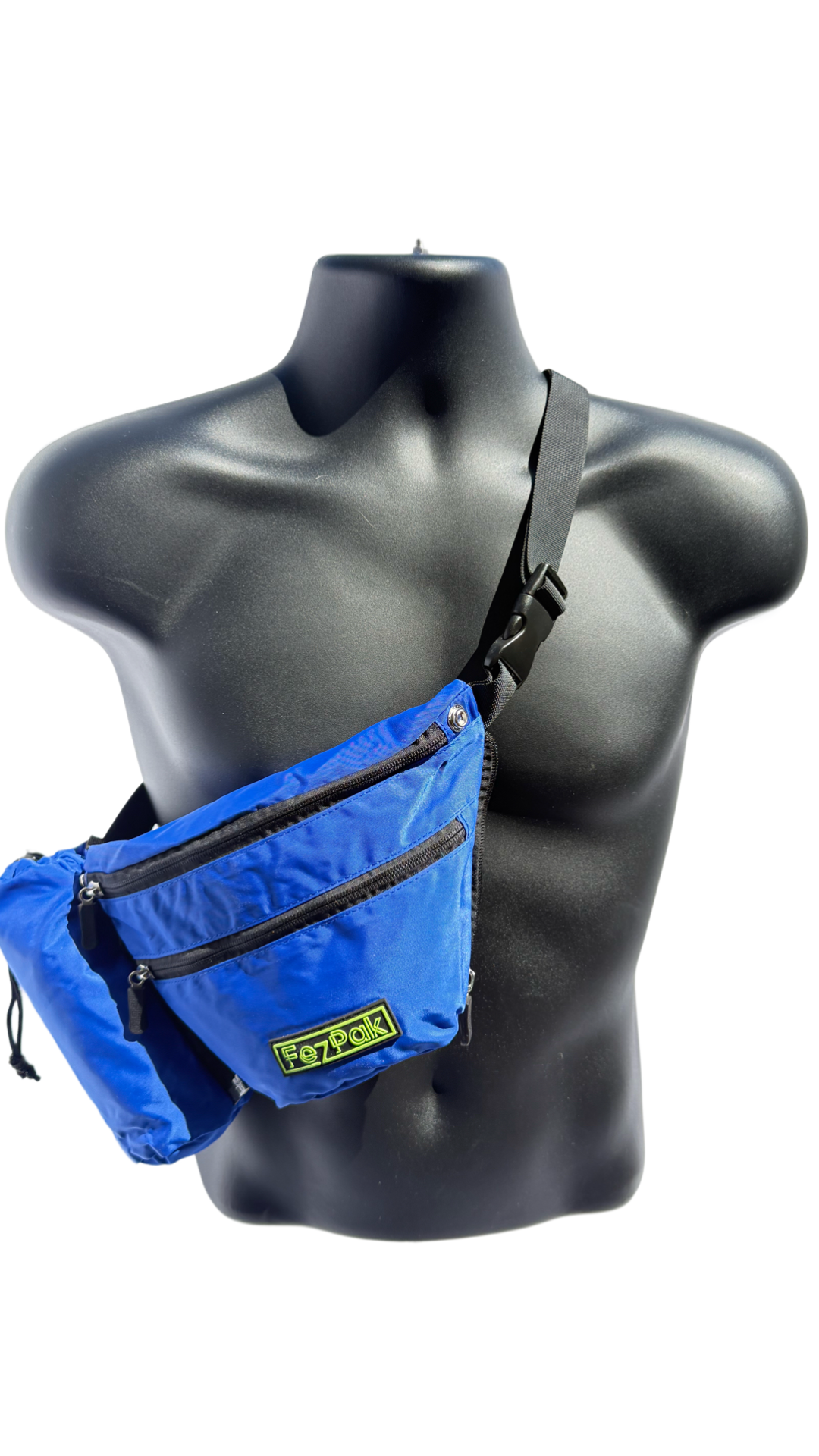 FezPak customizable blue flat design fanny pack with bottle holder on black mannequin torso