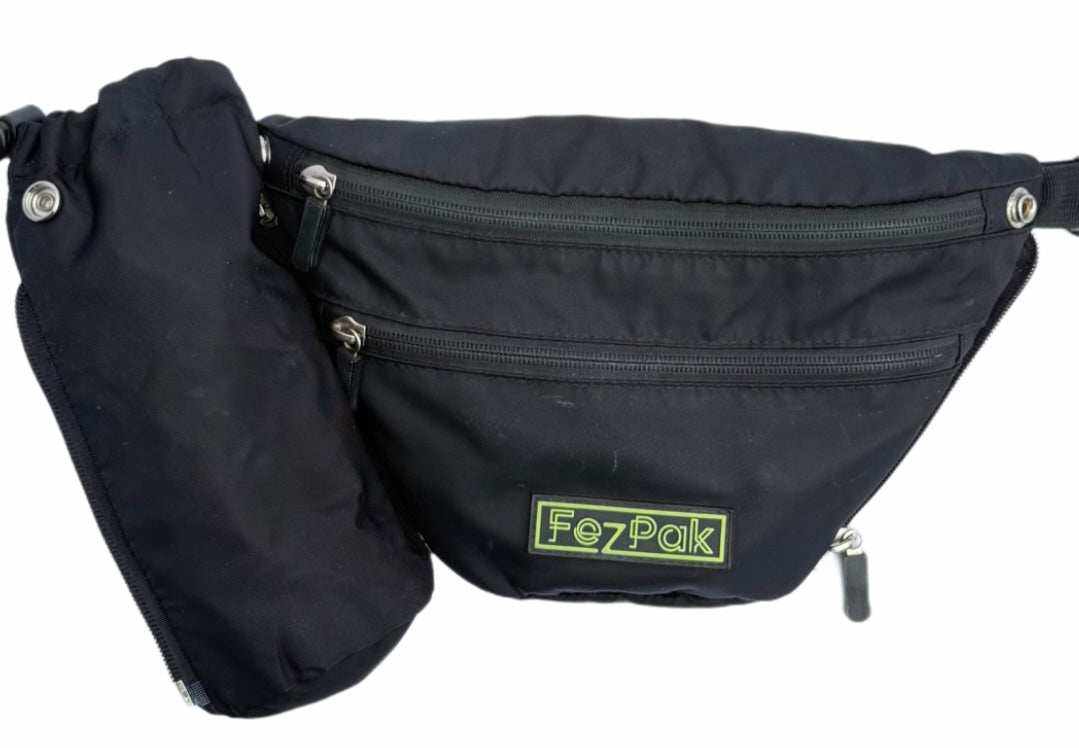 Black FezPak customizable flat design fanny pack with removable bottle holder and multiple zippered pockets made of water-resistant nylon