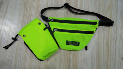 FezPak flat design fanny pack with detachable bottle holder in lime green, featuring water-resistant nylon and multiple pockets.