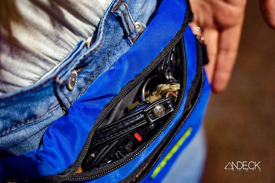 Close-up of FezPak fanny pack featuring spacious interior and water-resistant material.