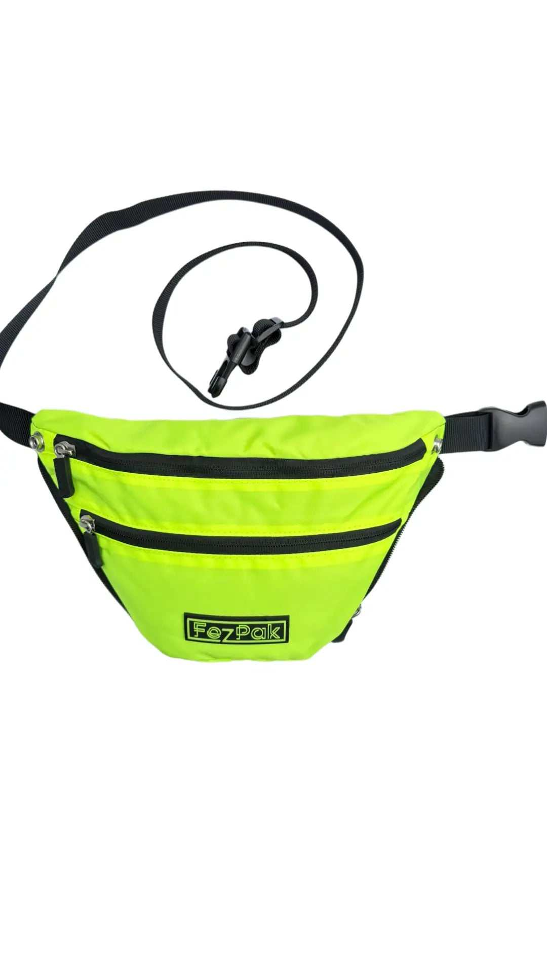 Bright green FezPak flat design fanny pack with three zippered pockets and adjustable black strap.