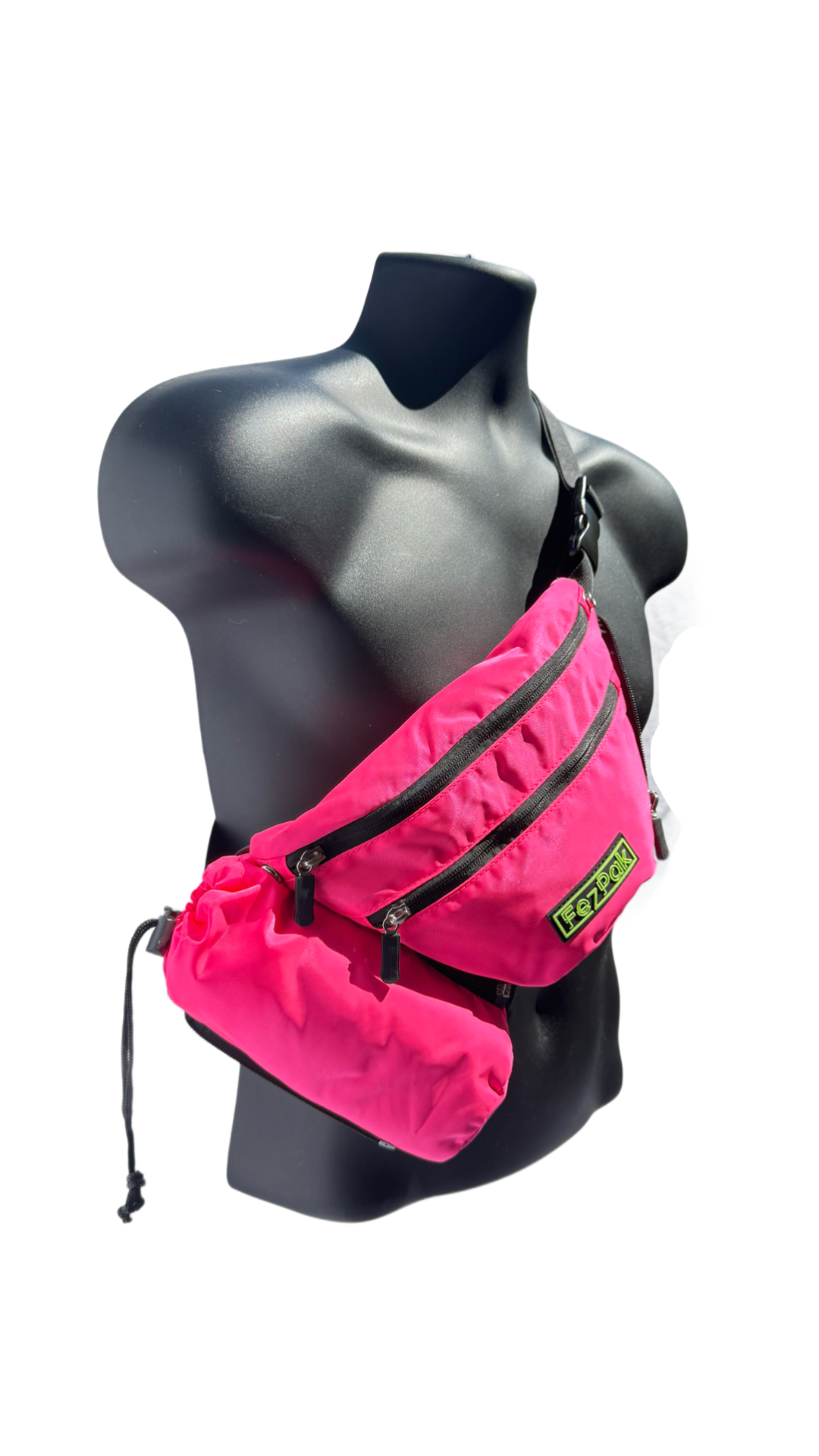 FezPak customizable pink flat design fanny pack with removable bottle holder on mannequin bust