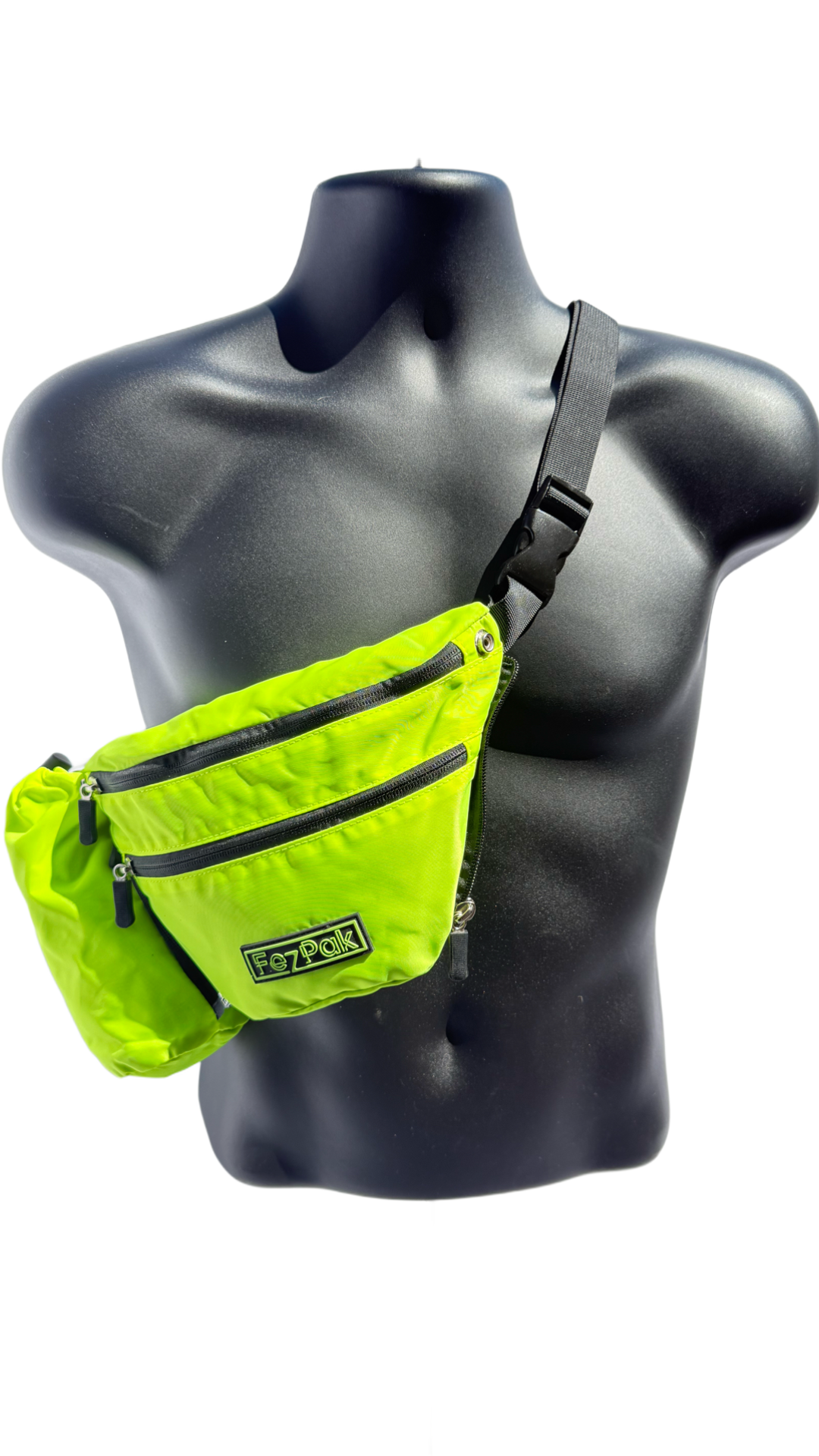 FezPak customizable neon green flat design fanny pack with detachable bottle holder and adjustable strap on black mannequin bust