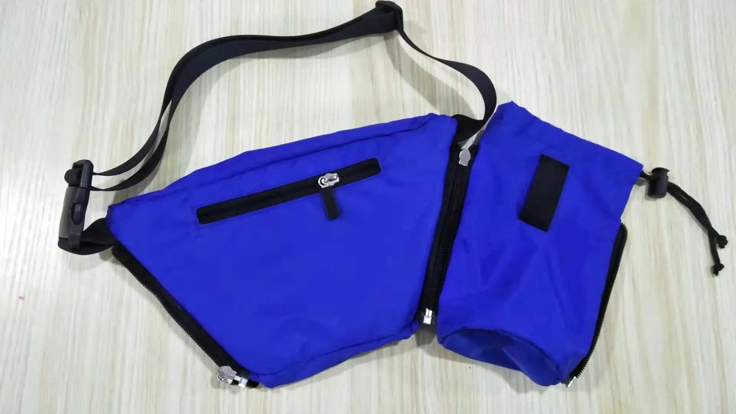 FezPak customizable flat design fanny pack with bottle holder, water-resistant nylon, blue color.