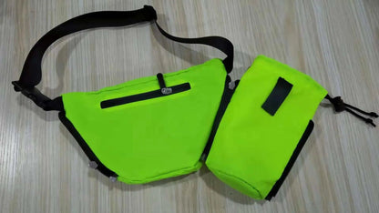 Bright green FezPak fanny pack with detachable bottle holder, featuring water-resistant design and multiple pockets.