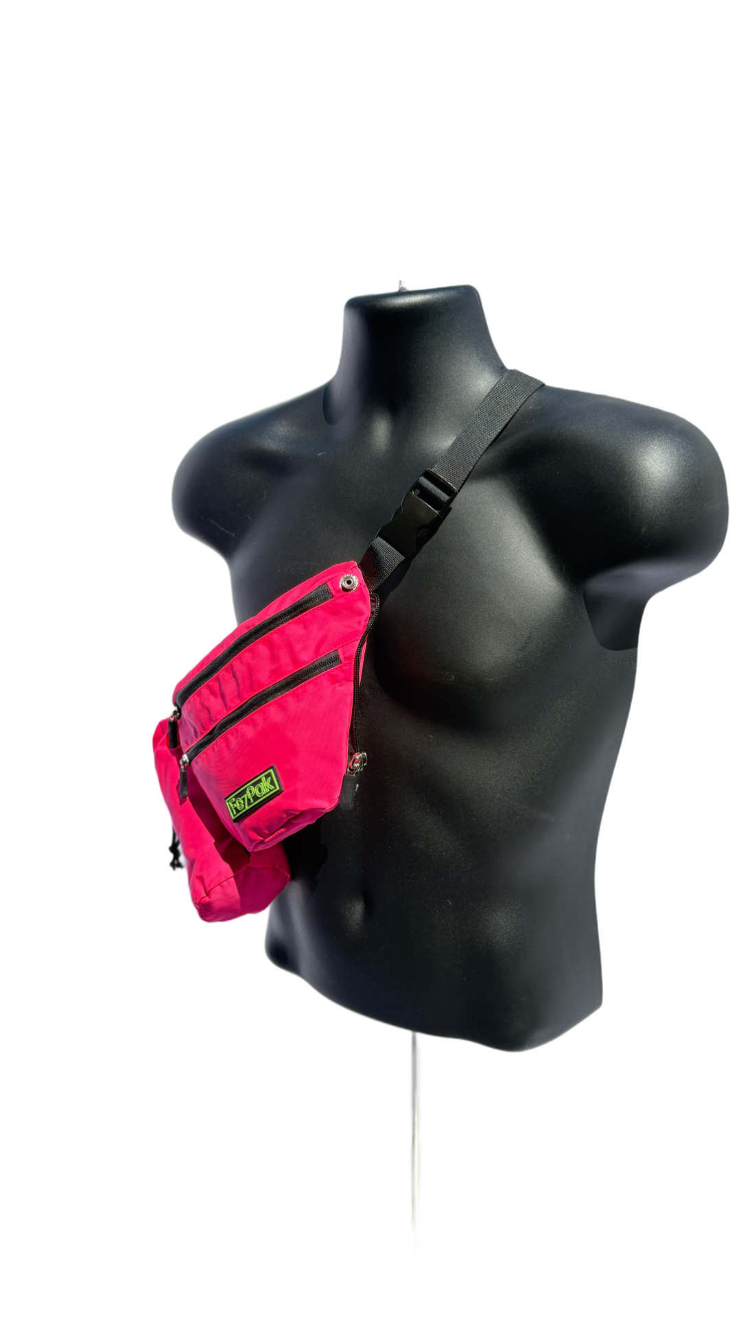 FezPak customizable flat design fanny pack in bright pink with adjustable strap and multiple zippered pockets displayed on black mannequin torso