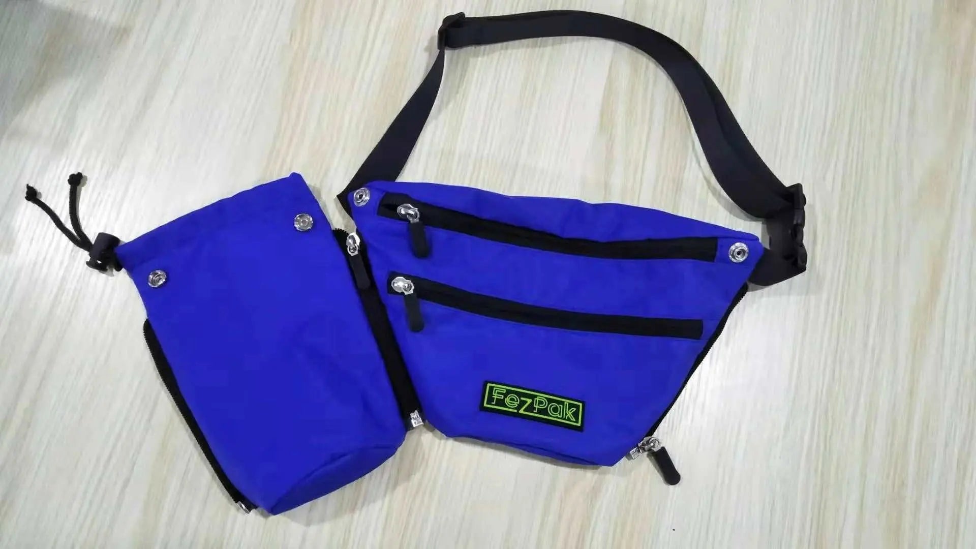 FezPak customizable fanny pack with removable bottle holder and water-resistant design.