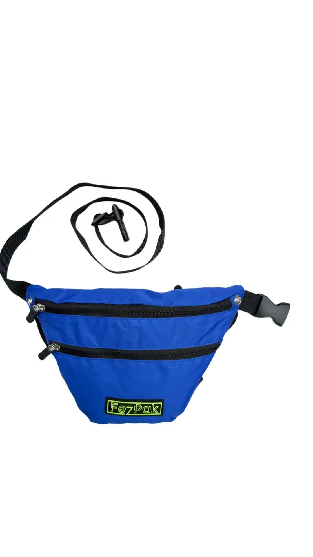 Blue FezPak customizable flat design fanny pack with three zippered pockets and adjustable strap