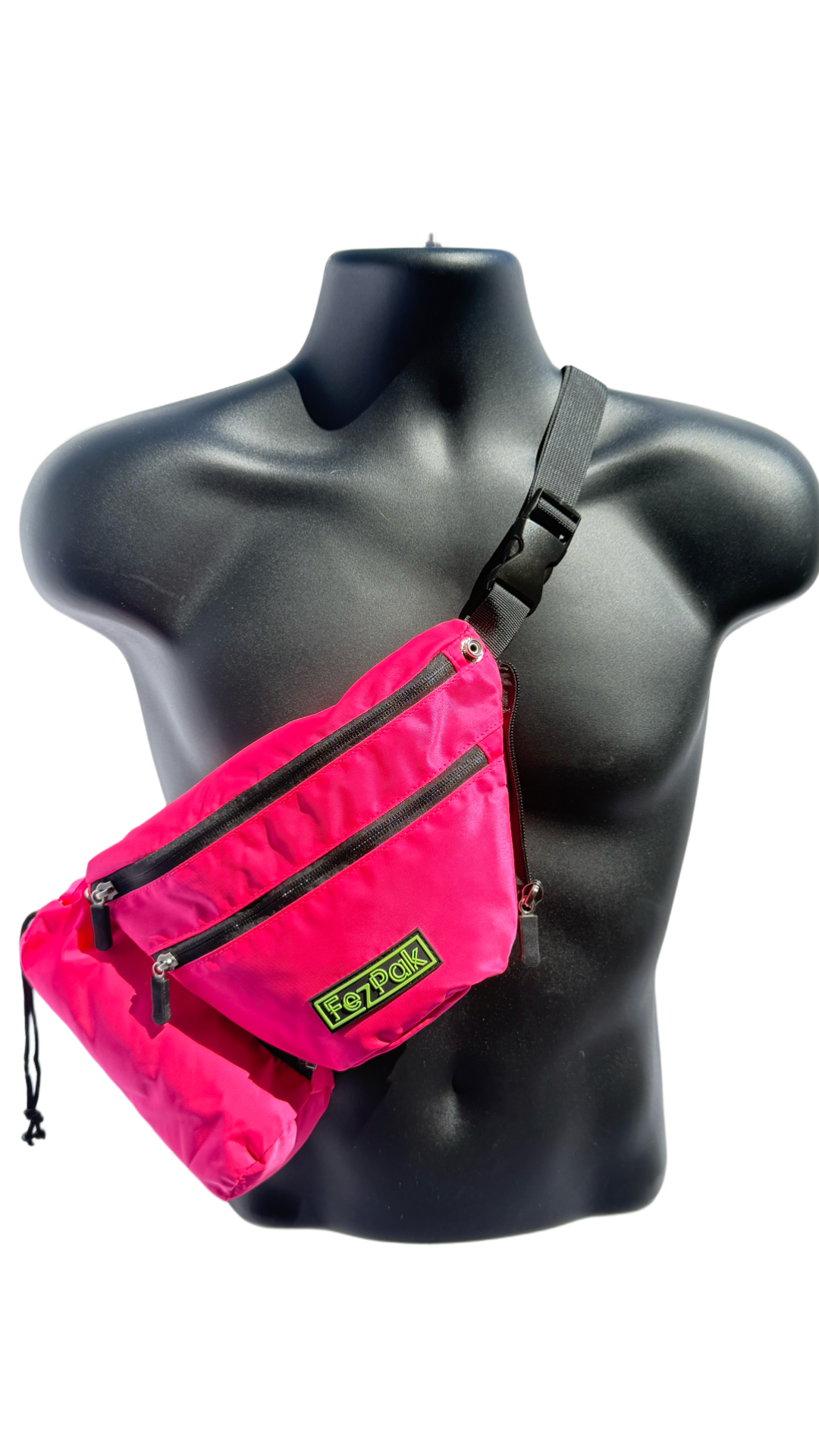 FezPak customizable flat design pink fanny pack with detachable bottle holder on black mannequin bust