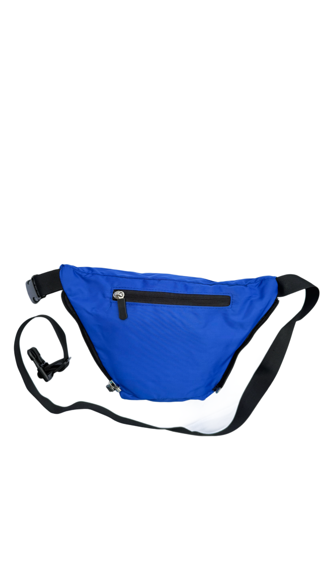 Blue FezPak customizable flat design fanny pack with removable bottle holder and black adjustable strap, made of water-resistant nylon.