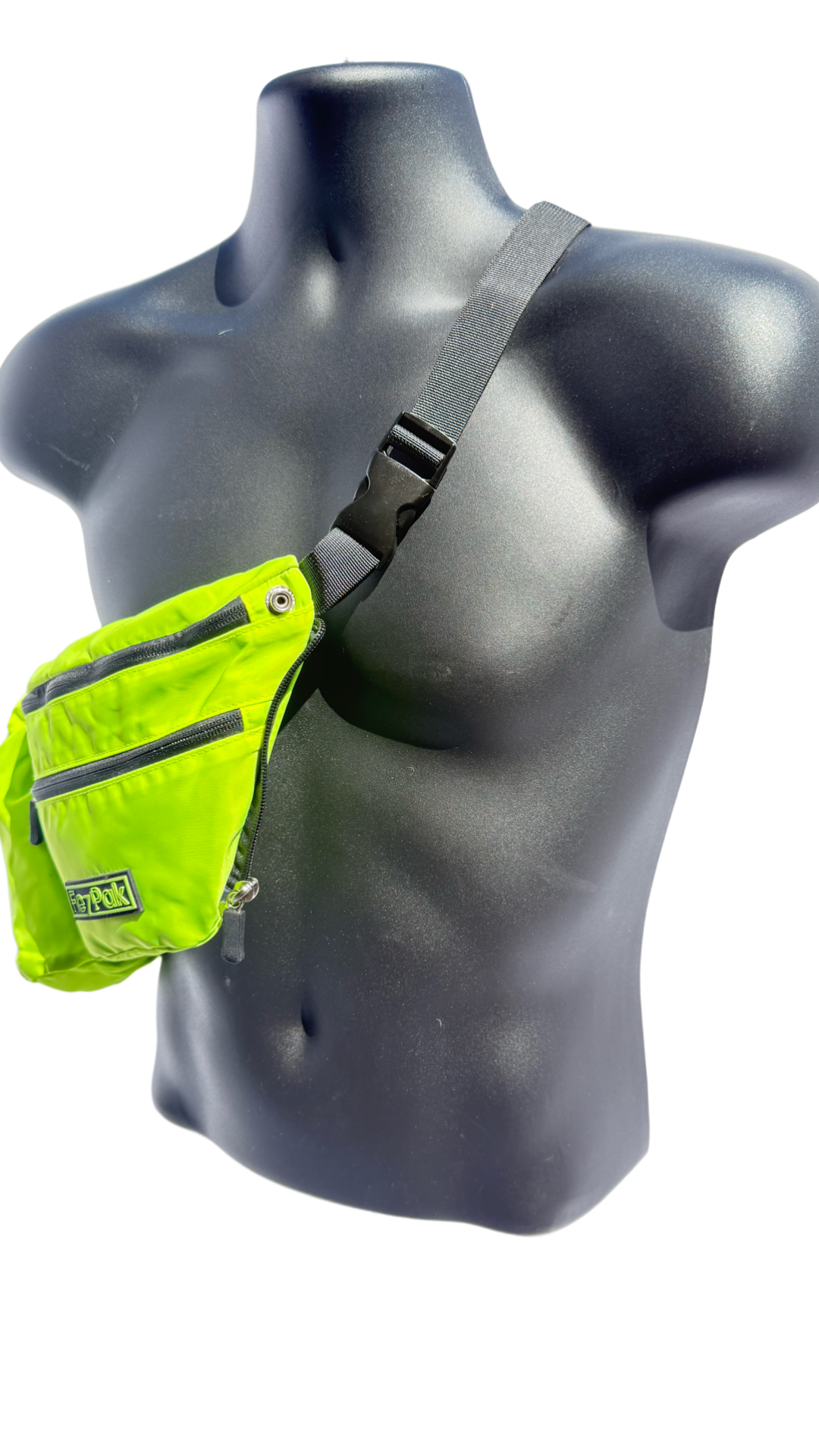 FezPak bright green customizable flat design fanny pack with adjustable strap and multiple zip pockets displayed on black mannequin torso