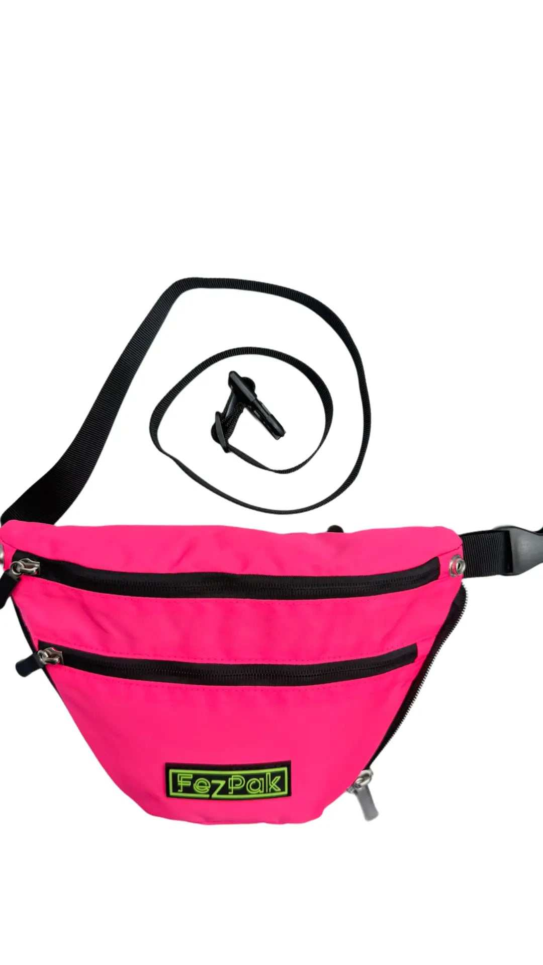 Pink FezPak flat design fanny pack with black adjustable strap and multiple zippered pockets, made of water resistant nylon.