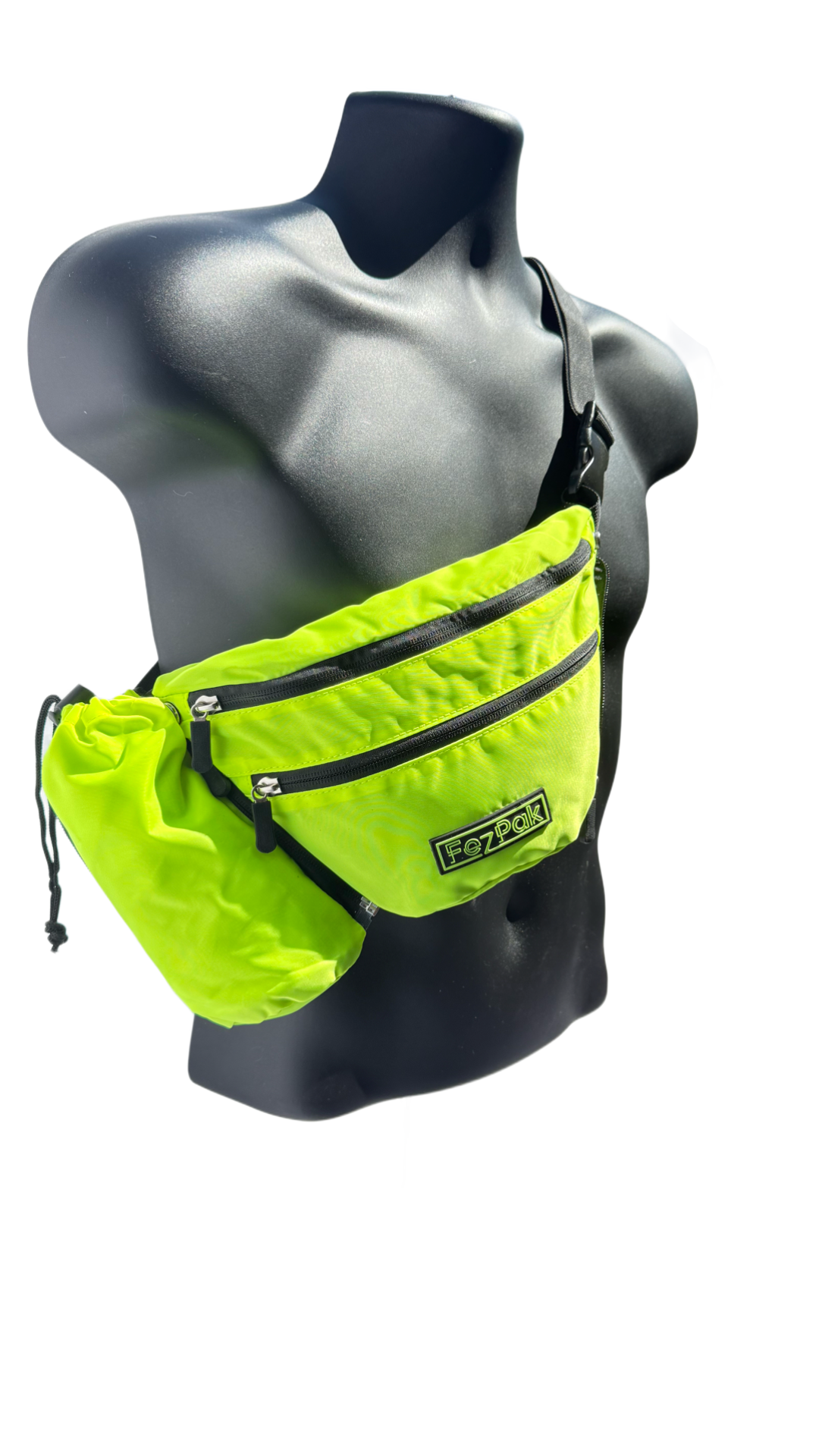FezPak neon green customizable flat design fanny pack with bottle holder on black mannequin torso