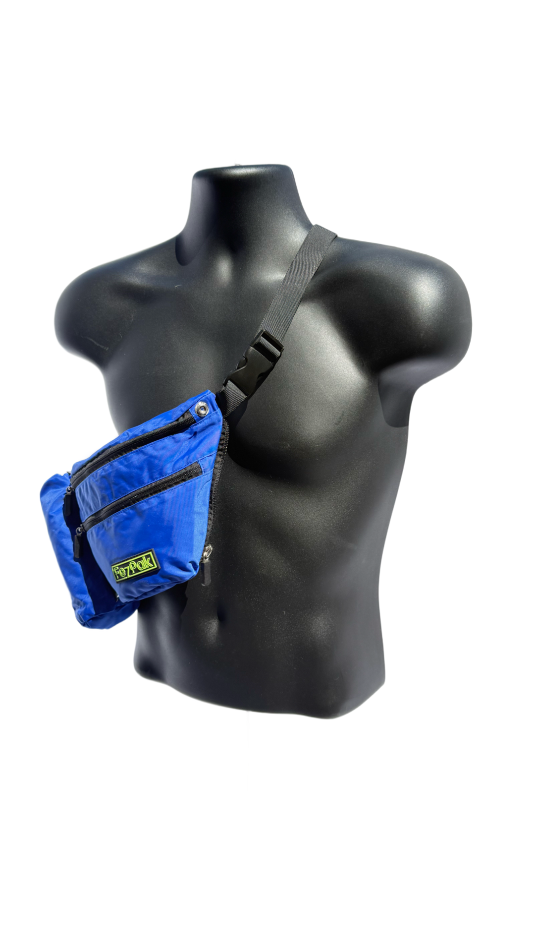Blue FezPak flat design customizable fanny pack with bottle holder worn crossbody on black mannequin torso