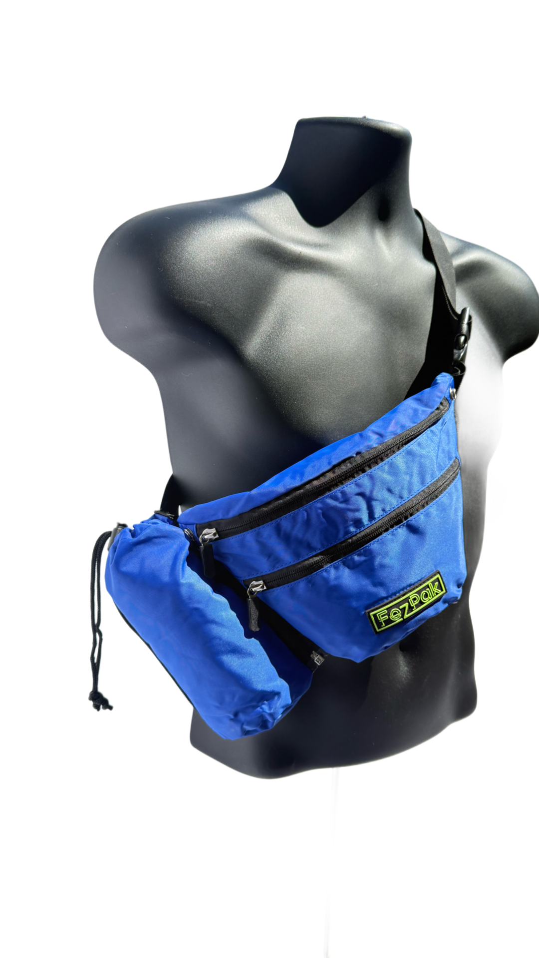 Blue FezPak customizable flat design fanny pack with detachable bottle holder on black mannequin torso